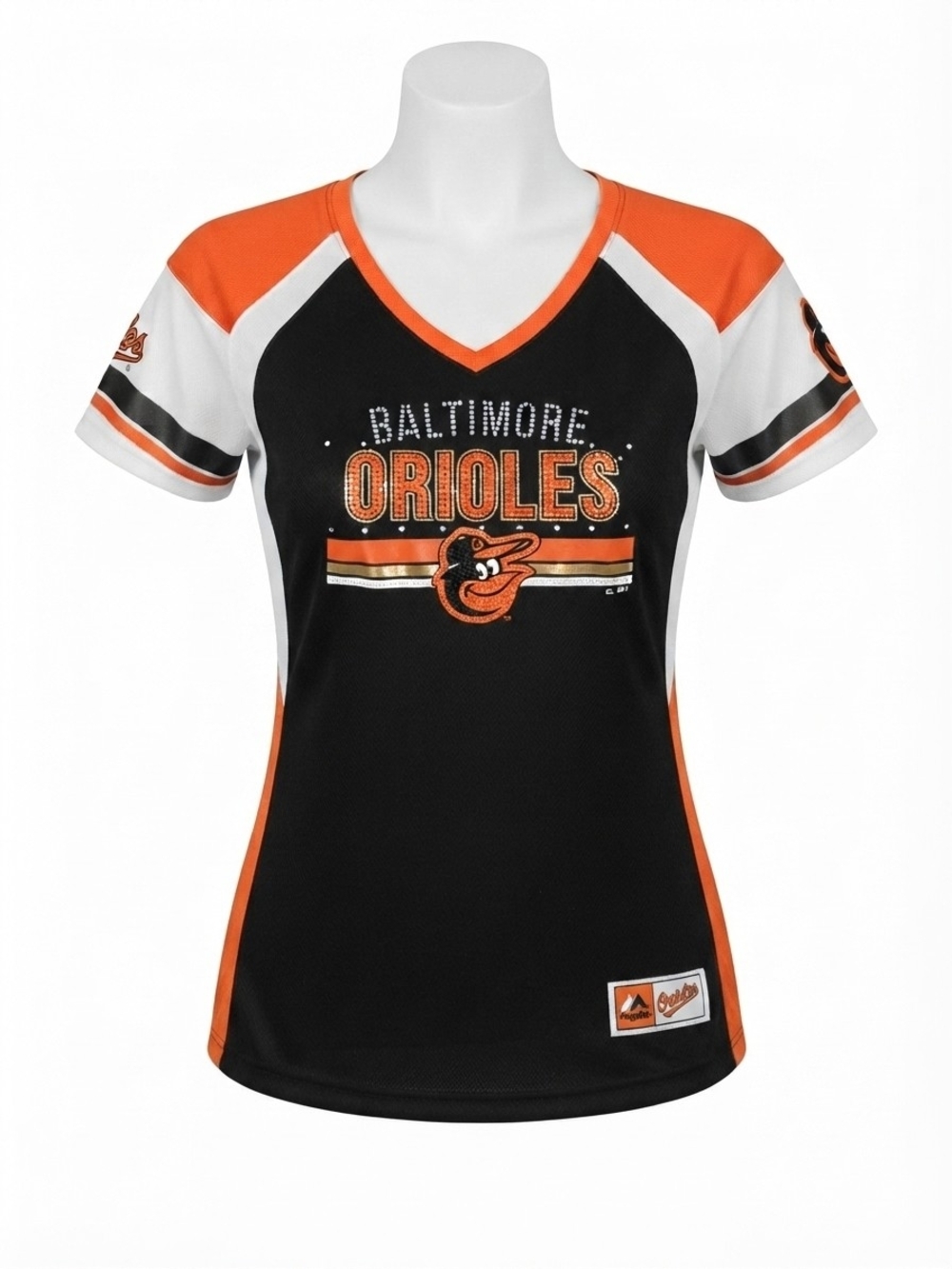 Women's Baltimore Orioles "Glowing Play" Rhinestone V-Neck  (0214M)